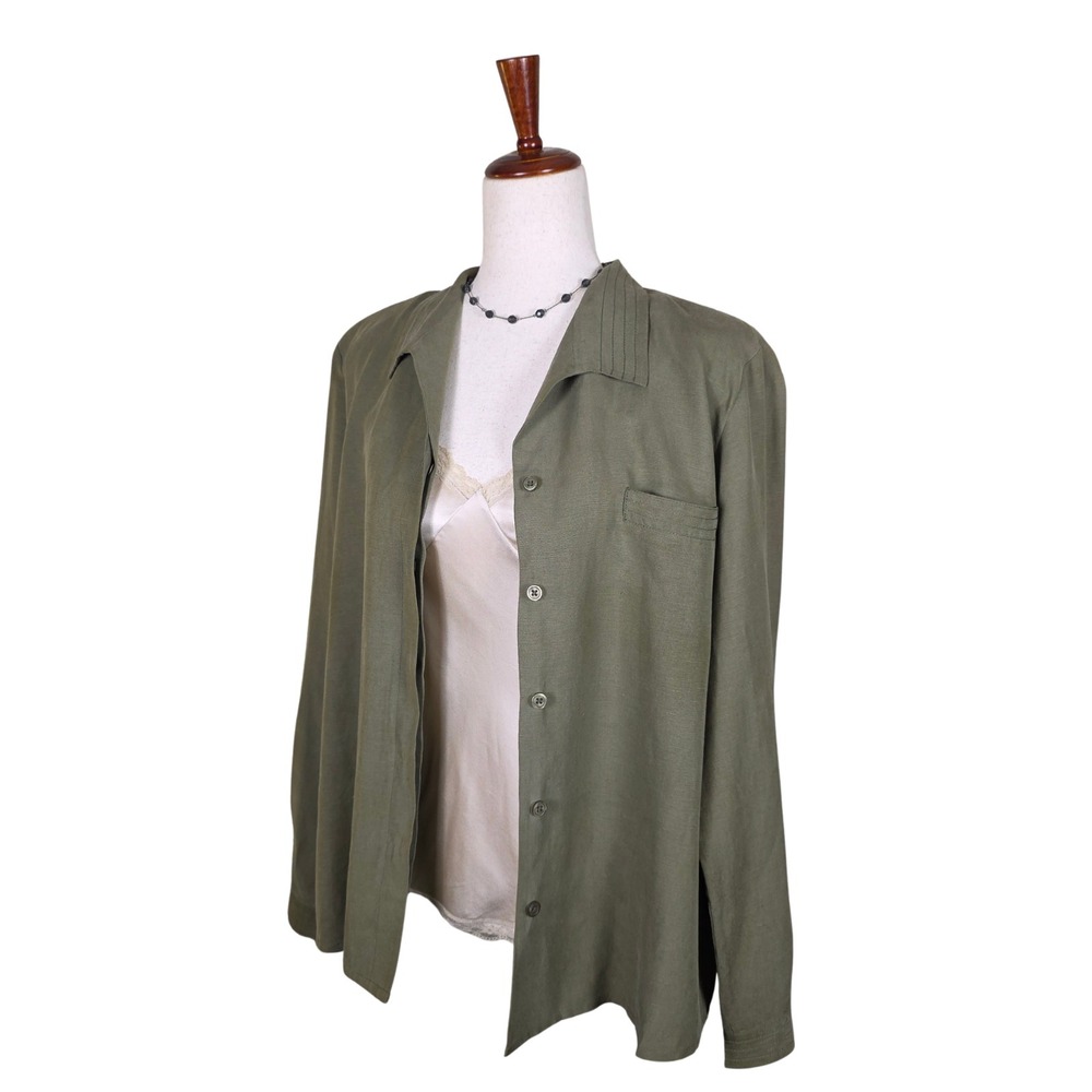 Vintage‎ Linen & Silk Blend Safari Button Down Size L/XL Green Long Sleeve 90s